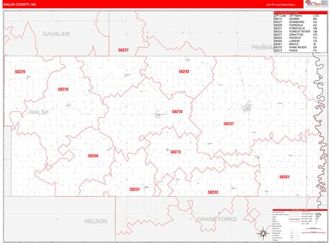 Walsh County, ND Zip Code Wall Map Red Line Style by MarketMAPS ...