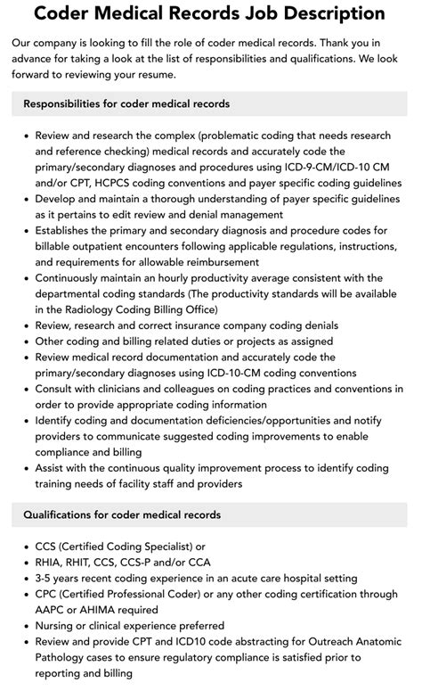 Coder Medical Records Job Description | Velvet Jobs