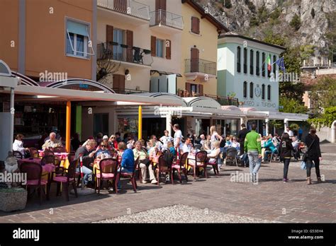 Restaurants along the lakeside promenade, Limone sul Garda, Lake Garda ...