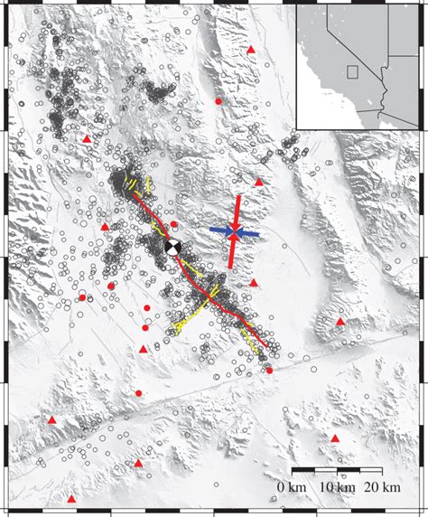 Map view of the 2019 Ridgecrest earthquake. Red and yellow curved lines... | Download Scientific ...