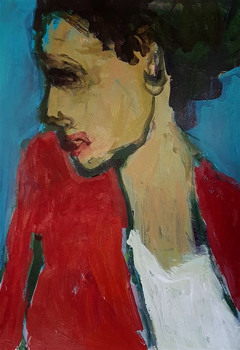 a painting of a woman in red shirt and black hat