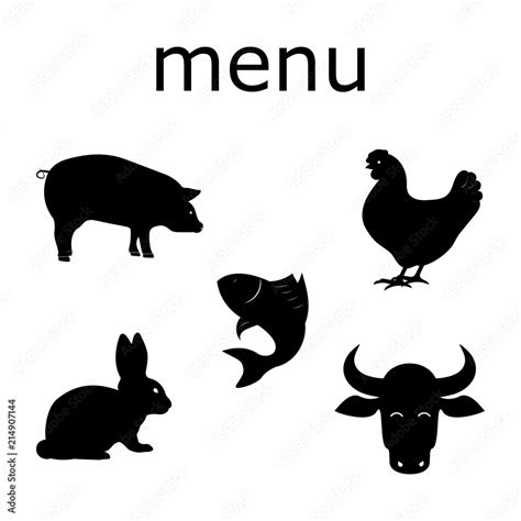 Silhouette of rabbit, pig, cow, fish, chicken. Restaurant menu. Stock Vector | Adobe Stock