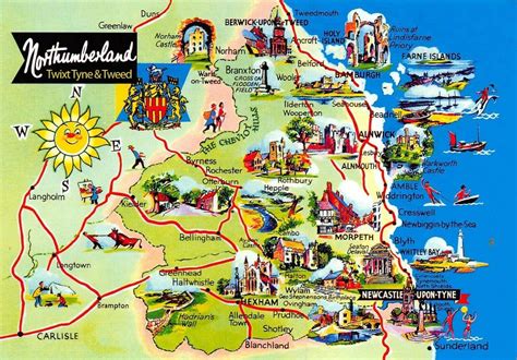 Map Postcard of Northumberland twixt Tyne & Tweed Newcastle Berwick ...