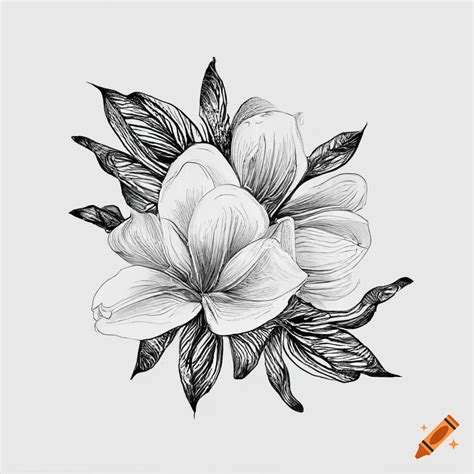 Hand drawn black and white magnolia floral design on Craiyon