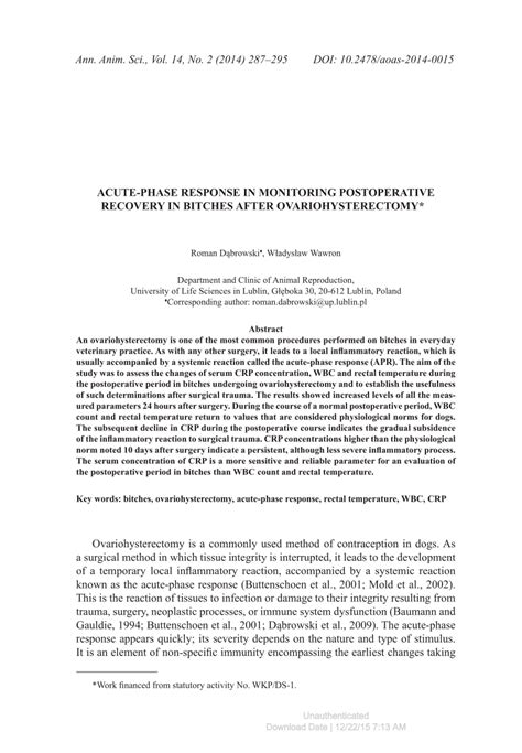 (PDF) Acute-Phase Response in Monitoring Postoperative Recovery in Bitches After Ovariohysterectomy