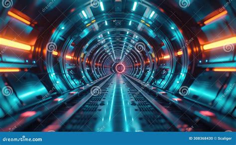 Futuristic Round Tunnel with Metal Floor and Walls, Abstract Tech Space Background. Perspective ...