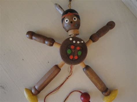 Vintage Wooden Pull String Toy Native American Boy