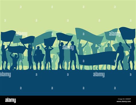 Protest people crowd and broken car silhouette vector background landscape demonstrate concept ...
