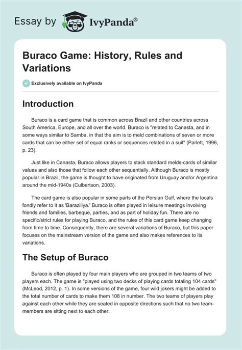 Buraco Game: History, Rules and Variations - 2812 Words | Essay Example