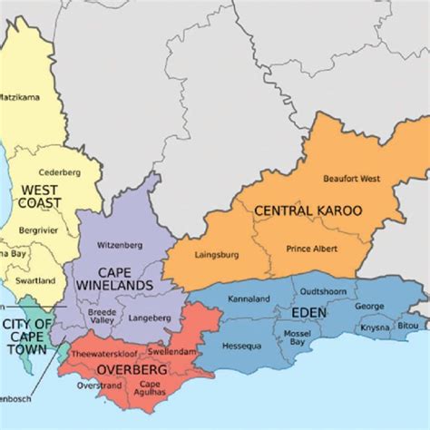 District and sub-district level map of Western Cape Province, South ...