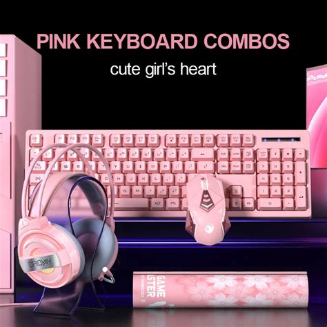 Pink Gaming Keyboard And Mouse set Wired keyboards with Mice Headset Combo Bundles Mechanical ...