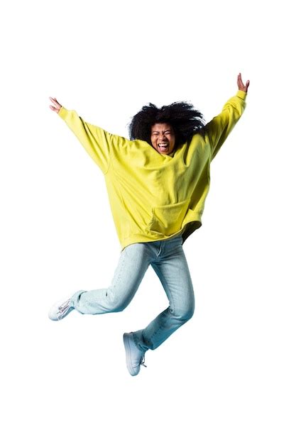 Free PSD | View of happy woman jumping in mid-air