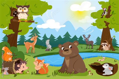 Cartoon forest animals in wild nature. Natural landscape with lake ...