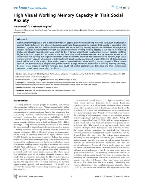 (PDF) High Visual Working Memory Capacity in Trait Social Anxiety