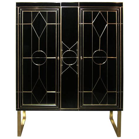 Italian Art Deco Style Black Glass Cabinet/Bar with Bronze Highlights ...