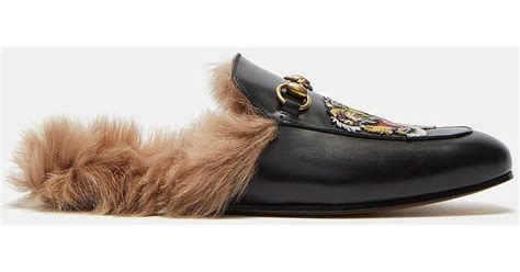 Gucci Men's Princetown Tiger Embroidered Fur Slip-on Loafers In Black ...