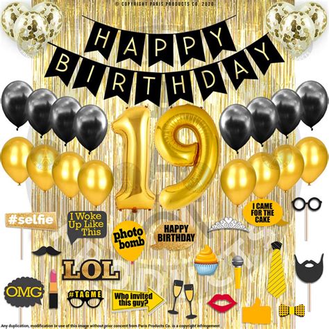 19th Birthday Decorations Party Supplies Black & Gold - Etsy