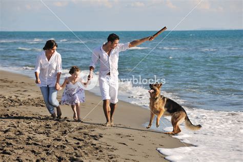 Happy Family Playing With Dog On Beach Royalty-Free Stock Image - Storyblocks