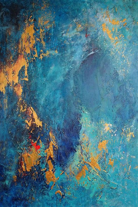 Large modern abstract acrylic art. Abstract blue and gold painting with texture Painting by ...