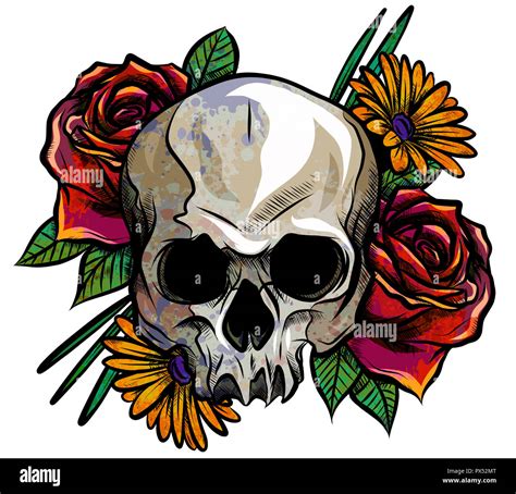 Skull And Flowers Drawing