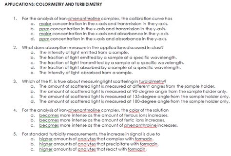 Solved APPLICATIONS: COLORIMETRY AND TURBIDIMETRY 1. For the | Chegg.com