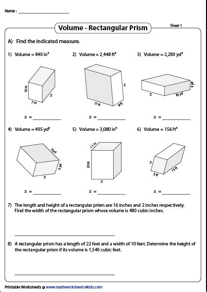 Volume Rectangular Prism Worksheets