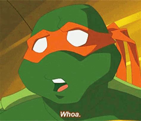 an animated image of a teenaged ninja turtle wearing a red and green mask with the words whoa on it