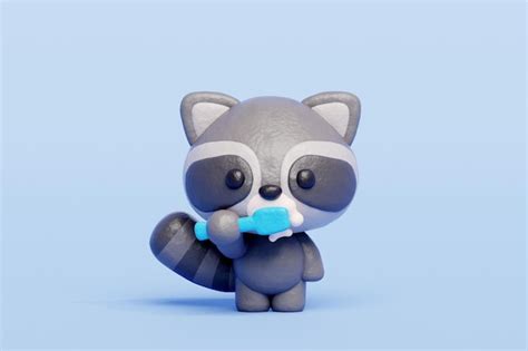 Premium Photo | 3D cute raccoon brushing teeth Cartoon animal character 3D rendering