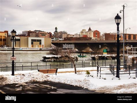 Oswego, New York, USA. January 23, 2020. The Oswego River with the city ...