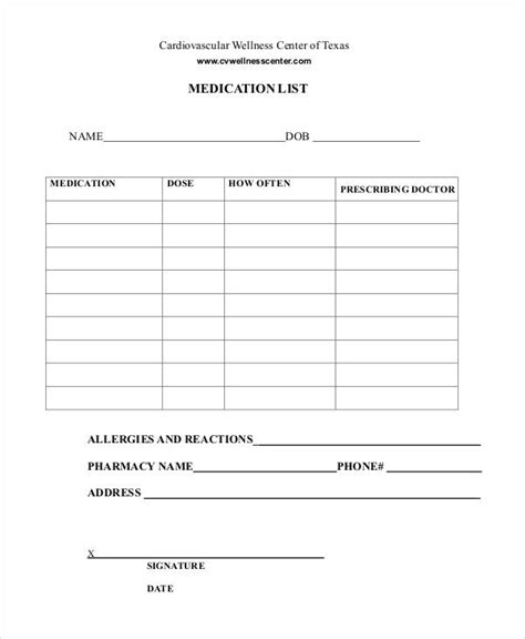 Medication List Template Printable