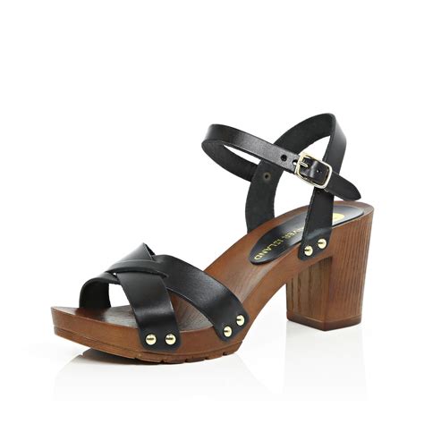 River Island Black Leather Wooden Heel Clogs in Black - Lyst