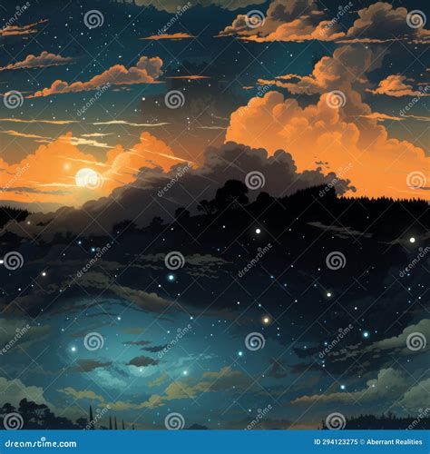 An Illustration of a Night Sky with Stars and Clouds Stock Illustration ...