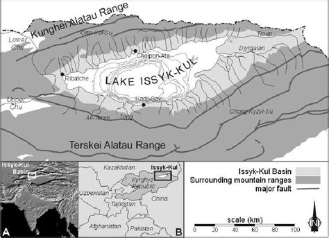 General localisation map of Lake Issyk-Kul, indicating the surrounding ...