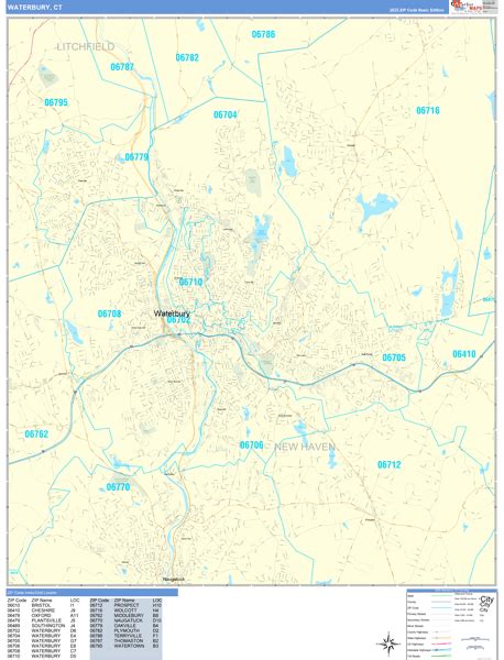 Waterbury Connecticut Wall Map (Basic Style) by MarketMAPS - MapSales