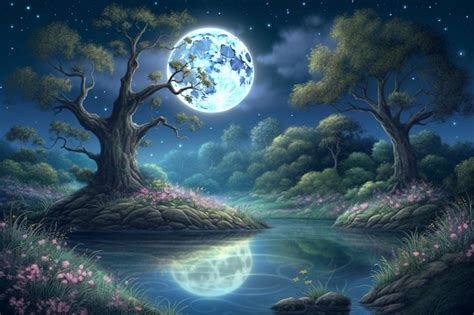 Premium AI Image | A painting of a moonlit landscape with a tree and a ...