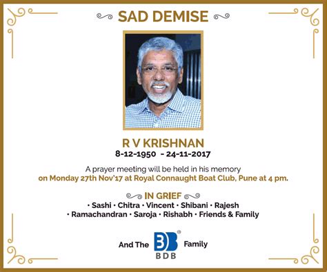 Sad Demise Rv Krishnan A Prayer Meeting Will Be Held In His Memory On 27 11 17 At Royal ...