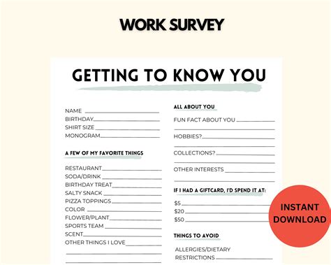 Employee Questionnaire, All About Me for New Team Members, Gift Exchange Survey and Favorite ...