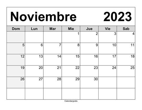 Calendario Noviembre 2023 Para Imprimir gratis