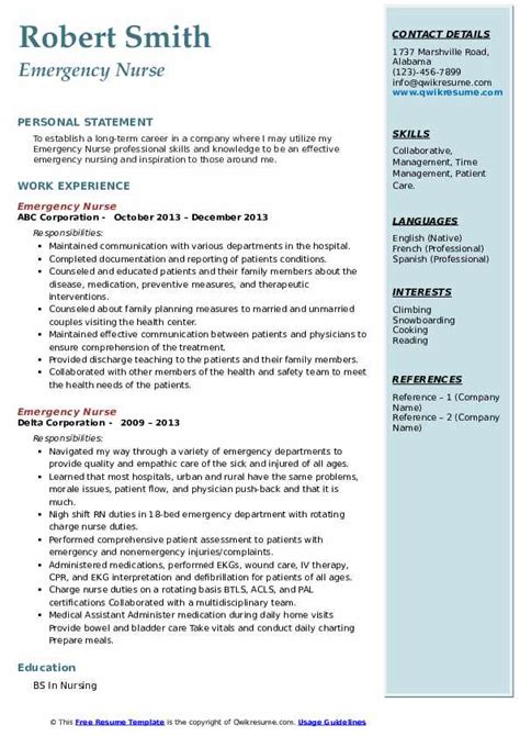 Emergency Nurse Resume Samples | QwikResume