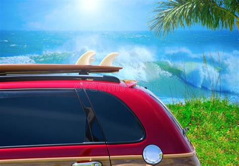 Red Woody Car With Surfboard At Beach W Big Waves Stock Photo - Image ...