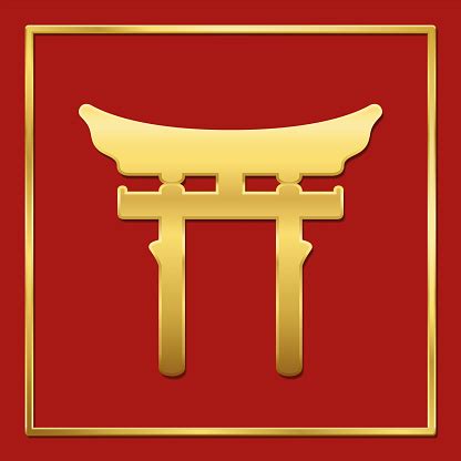 Golden Shinto Symbol On Red Background Golden Frame Vector Illustration ...