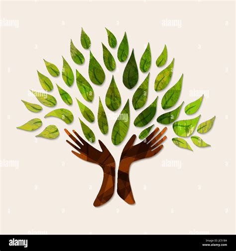 Hand tree art with wood texture and green leaves. Concept illustration for environment care or ...