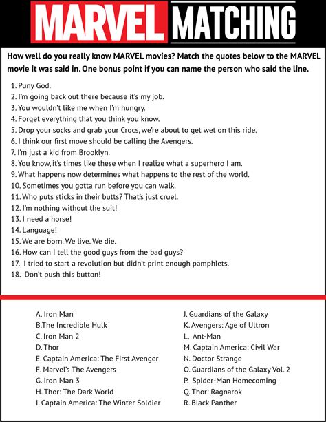 Marvel Movie Quotes Matching Game {Free Printable} - Play Party Plan