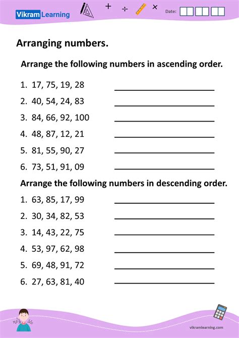 Download arranging numbers in ascending order, and descending order worksheets | vikramlearning.com