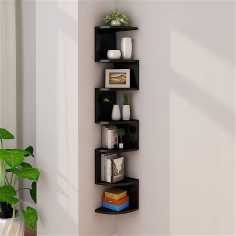 Black White 2/5/7 Tier Wood Wall Mount Shelves Floating Radial Corner Shelf Storage Rack Display ...