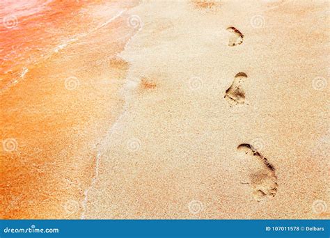 Footprints on a Multicolored Pink Sand on a Deserted Red Beach ...