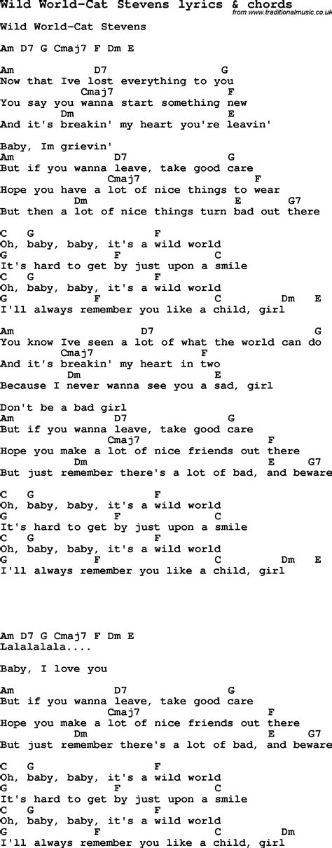 Love Song Lyrics for:Wild World-Cat Stevens with chords.