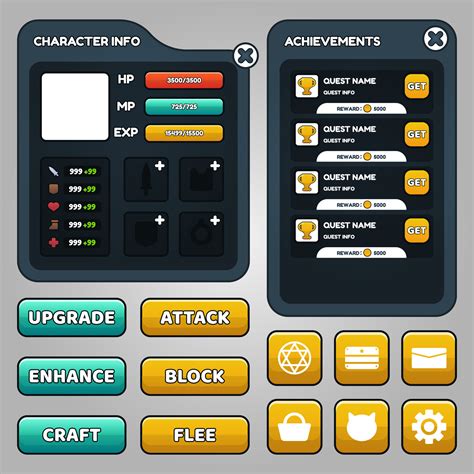 Vector game template gui kit. Game graphical user Interface GUI for build web and mobile games ...