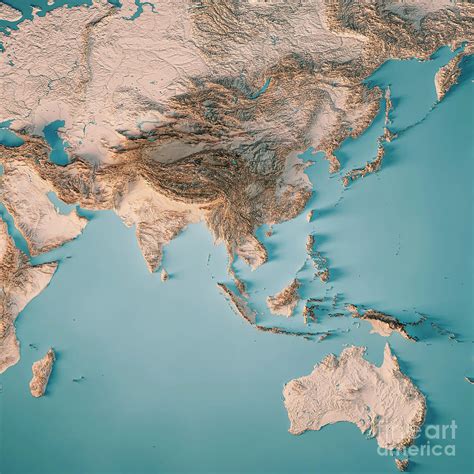 Asia Australia Topographic Map 3D Render Neutral Digital Art by Frank ...