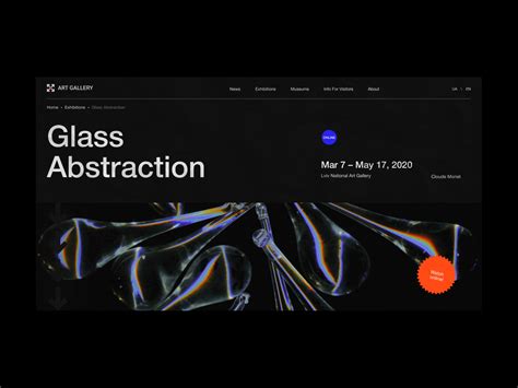 the glass abstract website is shown with an orange circle in front of it and black background